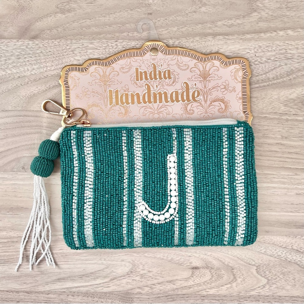 Beaded “J” Monogram Pouch | Green & White Stripe